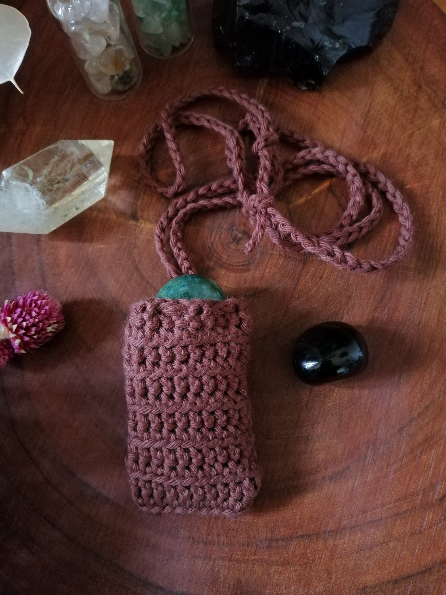 Bark Brown Crocheted Crystal/Amulet Pouch Necklace