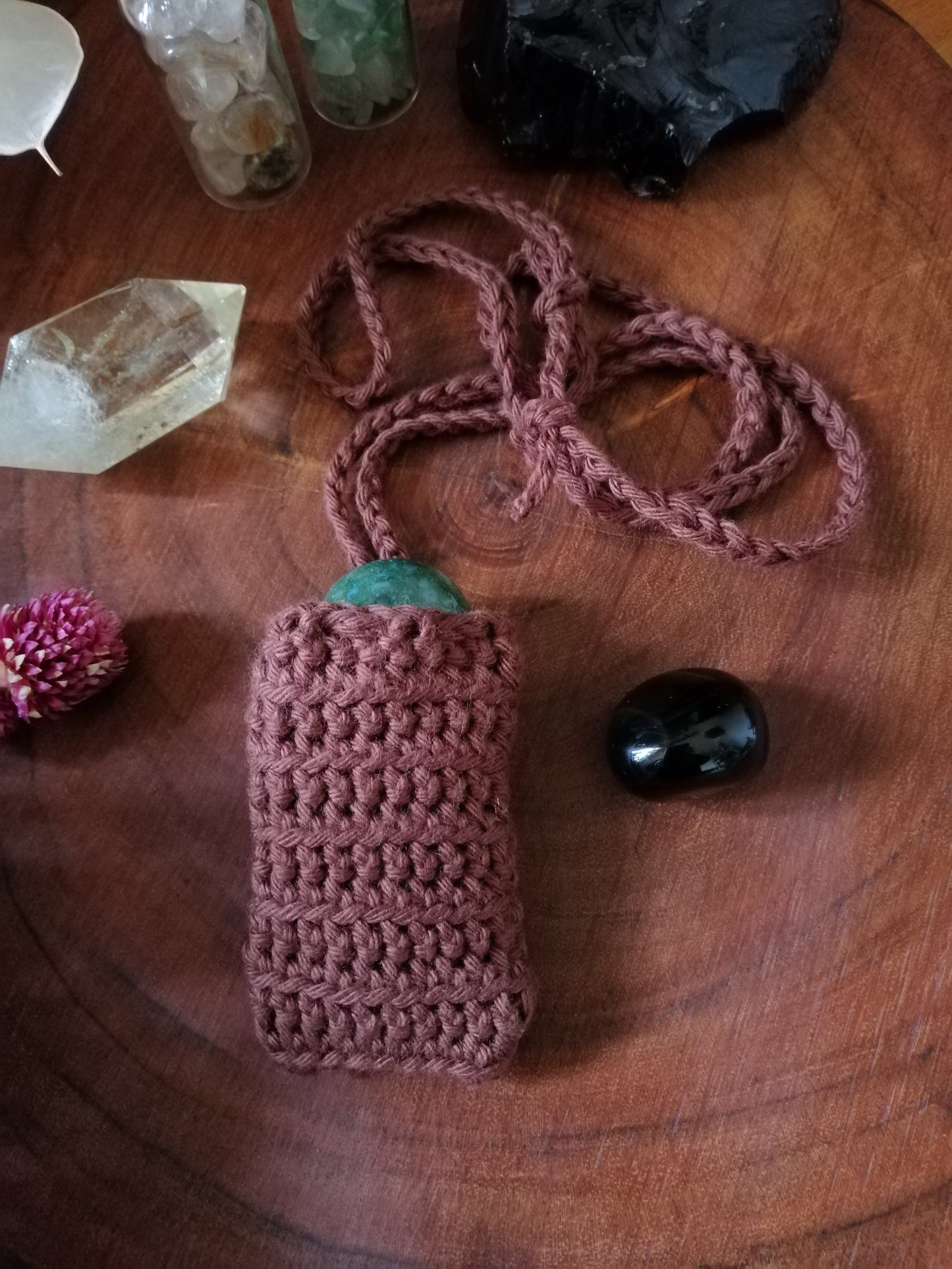 Bark Brown Crocheted Crystal/Amulet Pouch Necklace