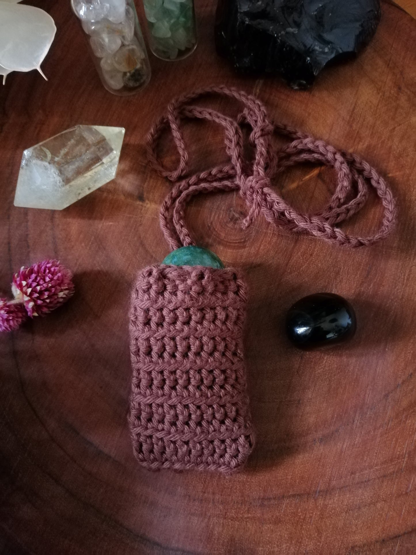 Bark Brown Crocheted Crystal/Amulet Pouch Necklace