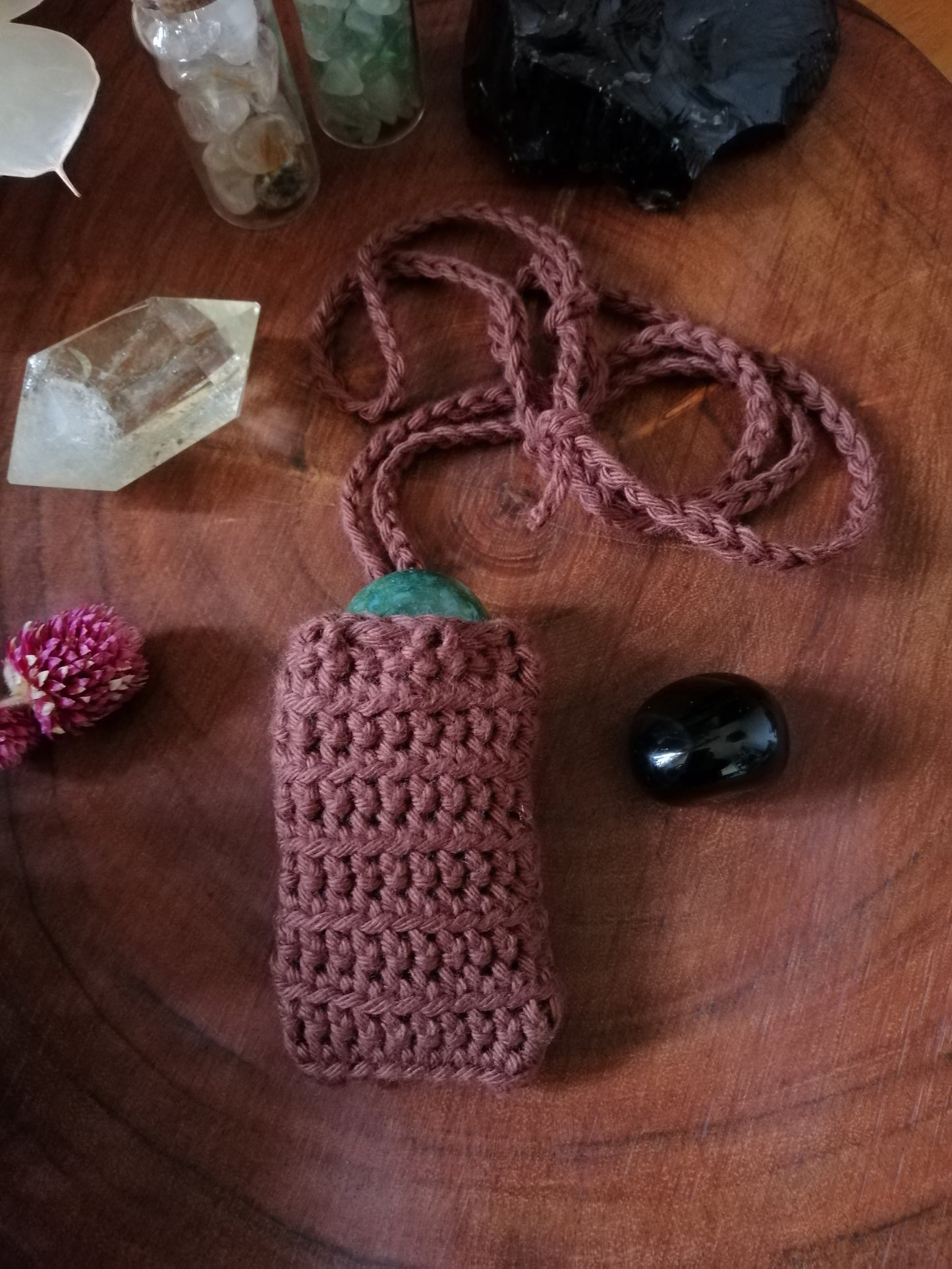 Bark Brown Crocheted Crystal/Amulet Pouch Necklace