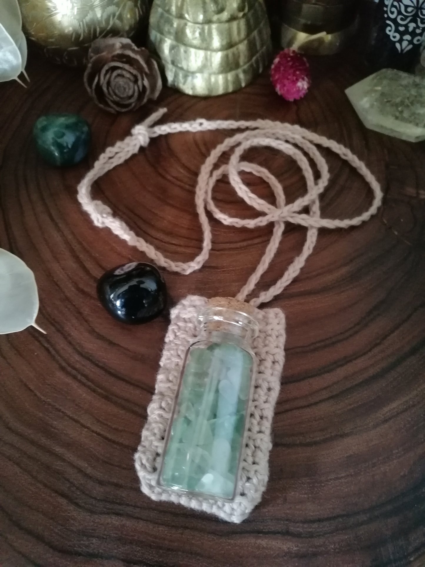 Beige Crocheted Crystal/Amulet Pouch Necklace