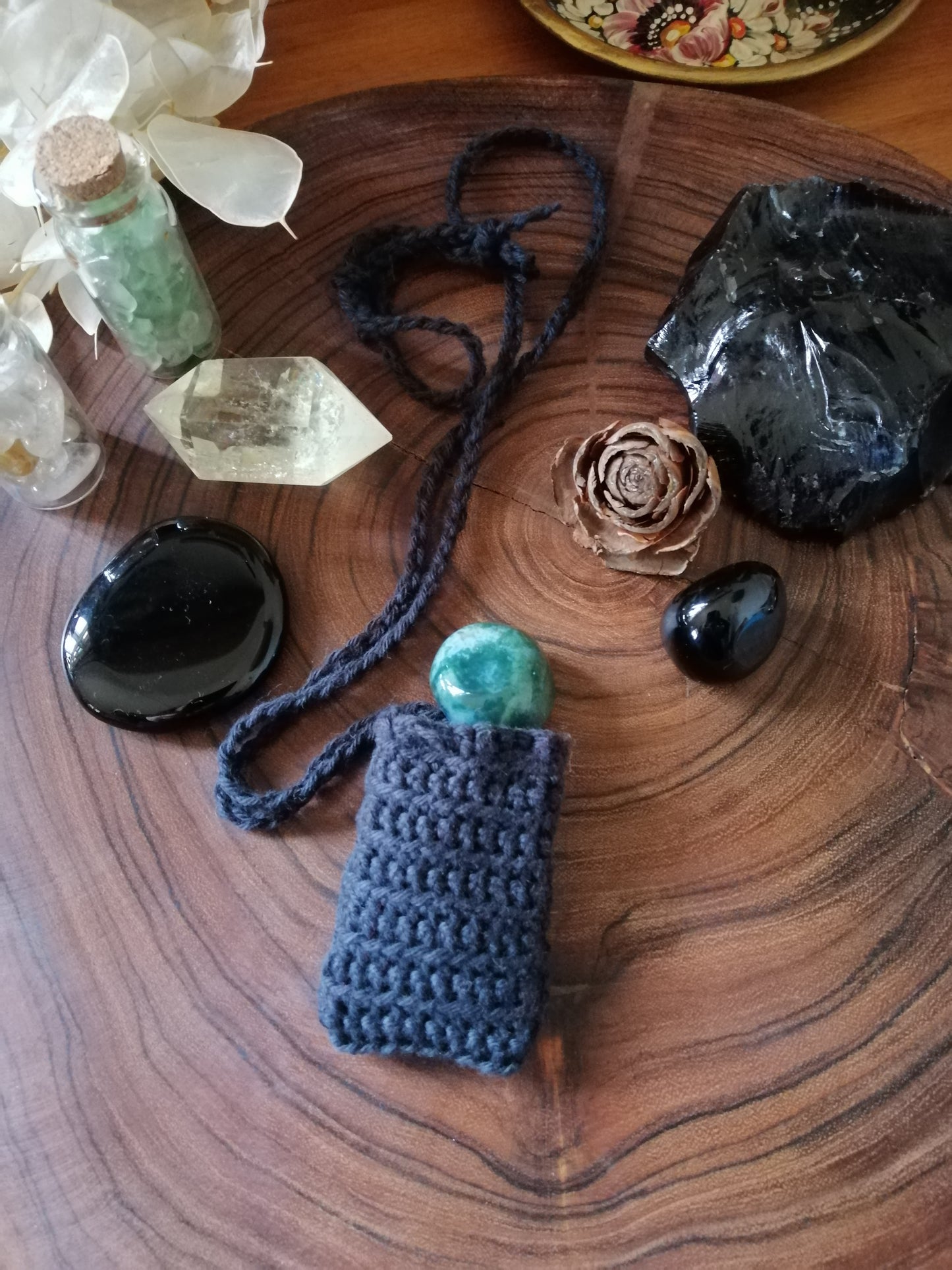 Black Crocheted Crystal/Amulet Pouch Necklace