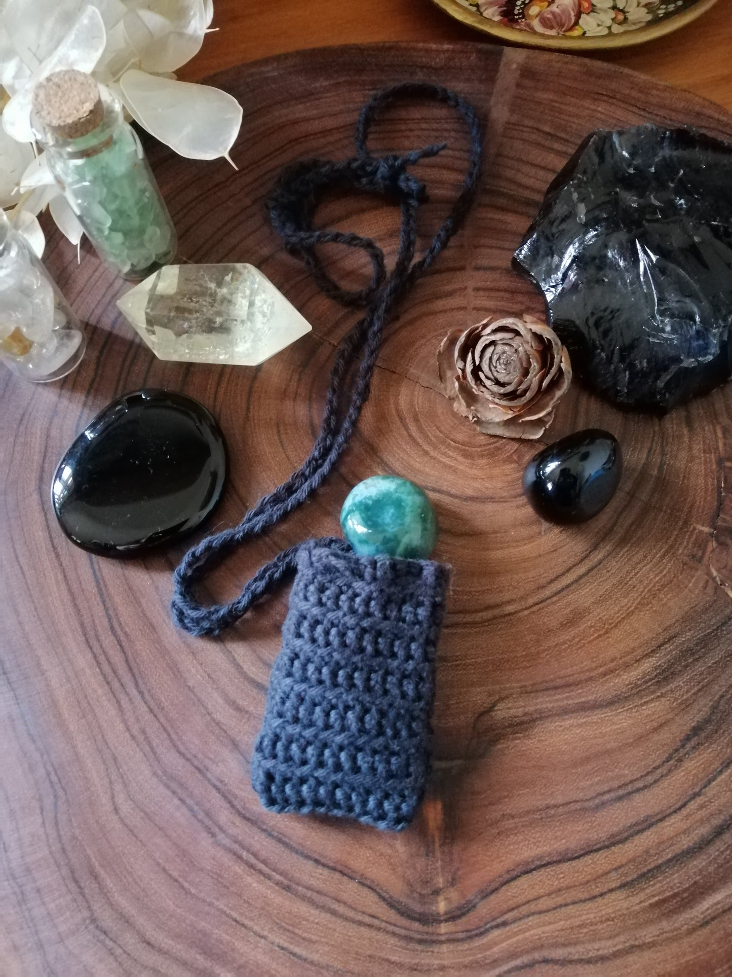 Black Crocheted Crystal/Amulet Pouch Necklace