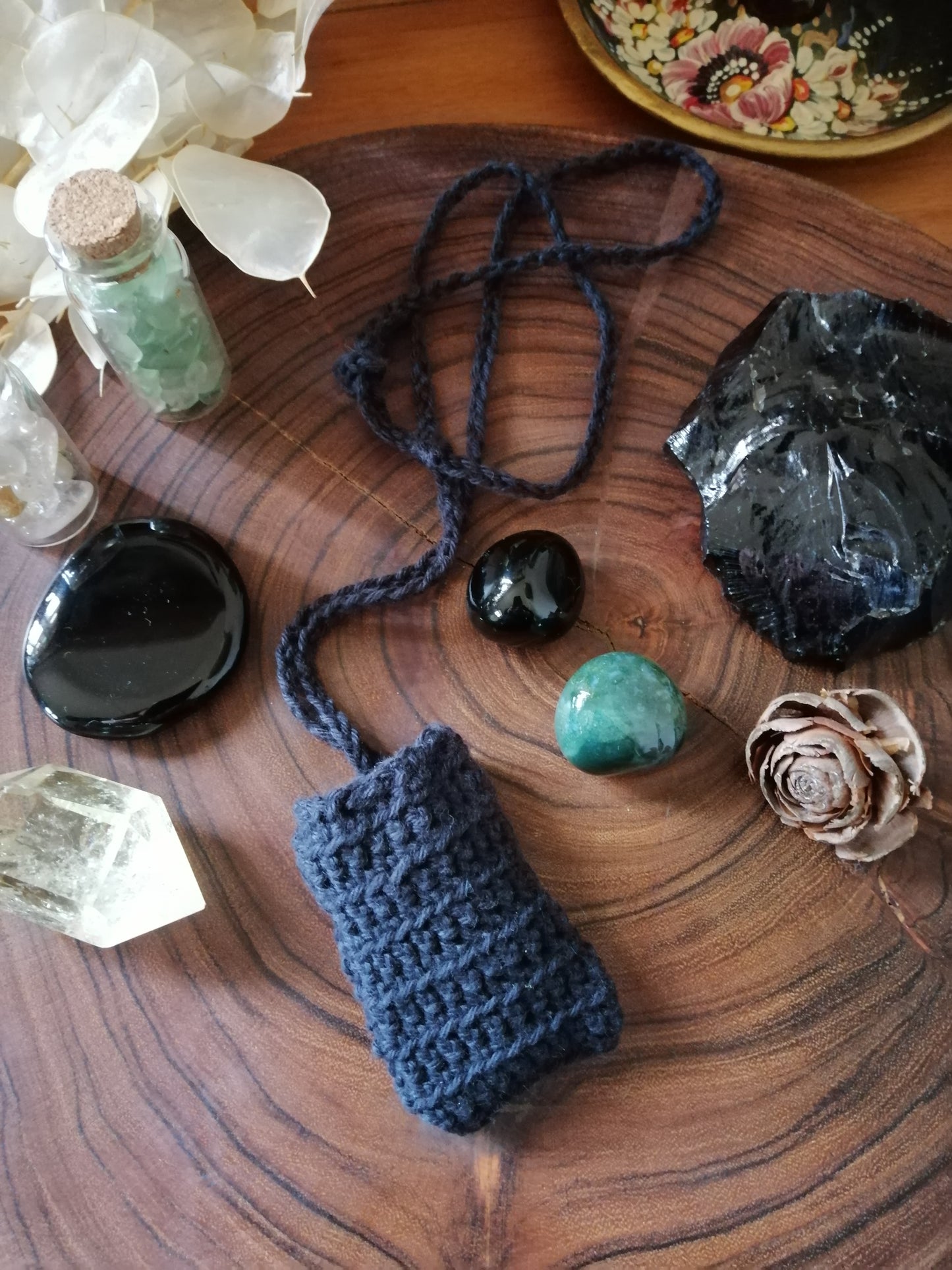 Black Crocheted Crystal/Amulet Pouch Necklace