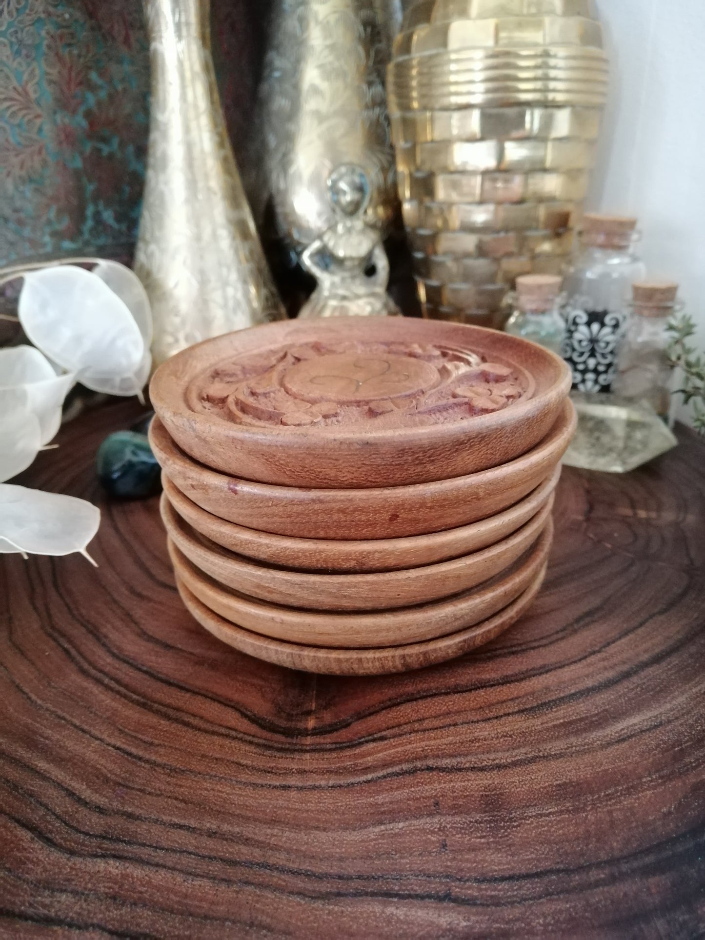 Set of 6 Hand Carved Wood Coasters