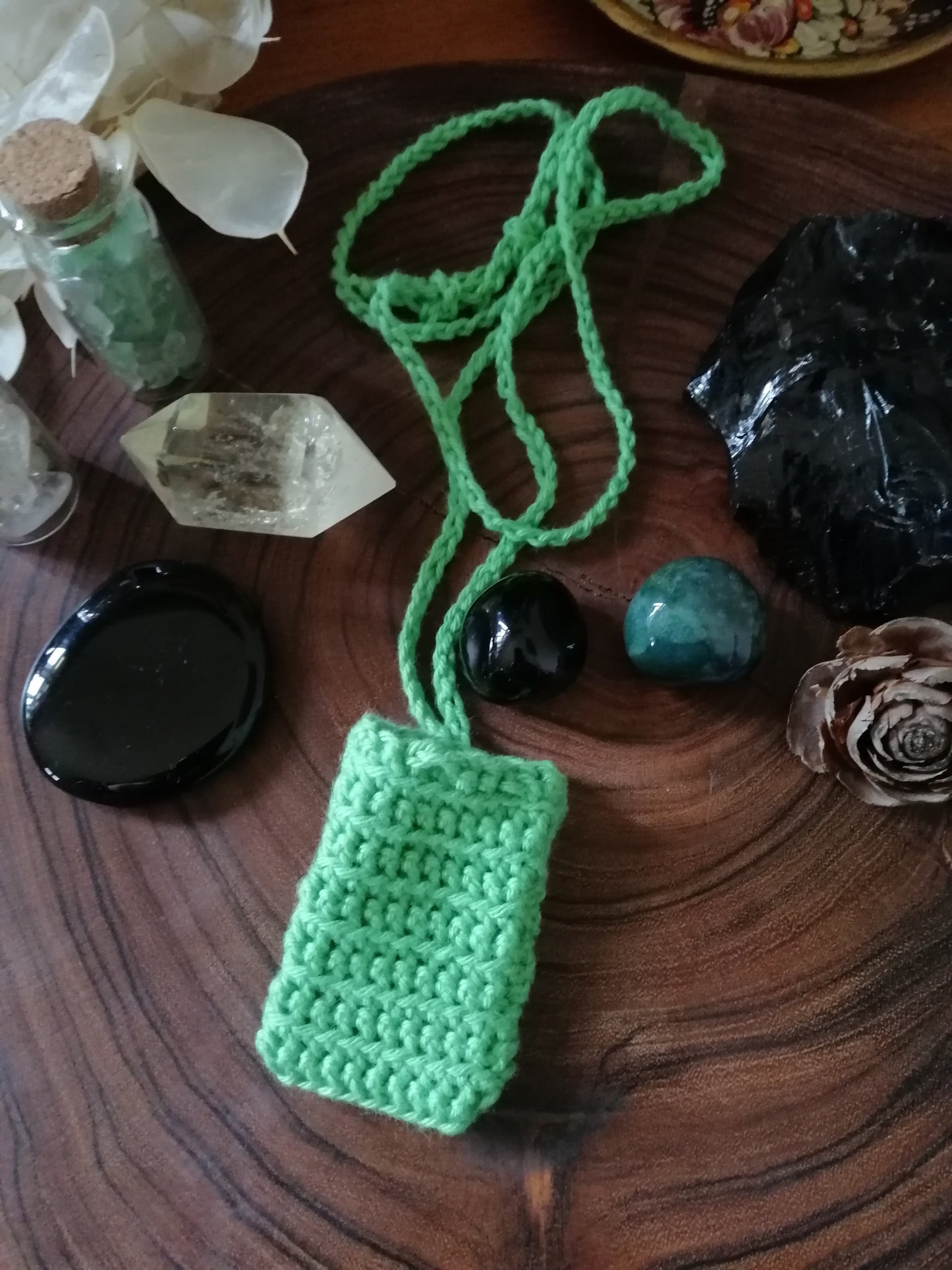 Green Crocheted Crystal/Amulet Pouch Necklace