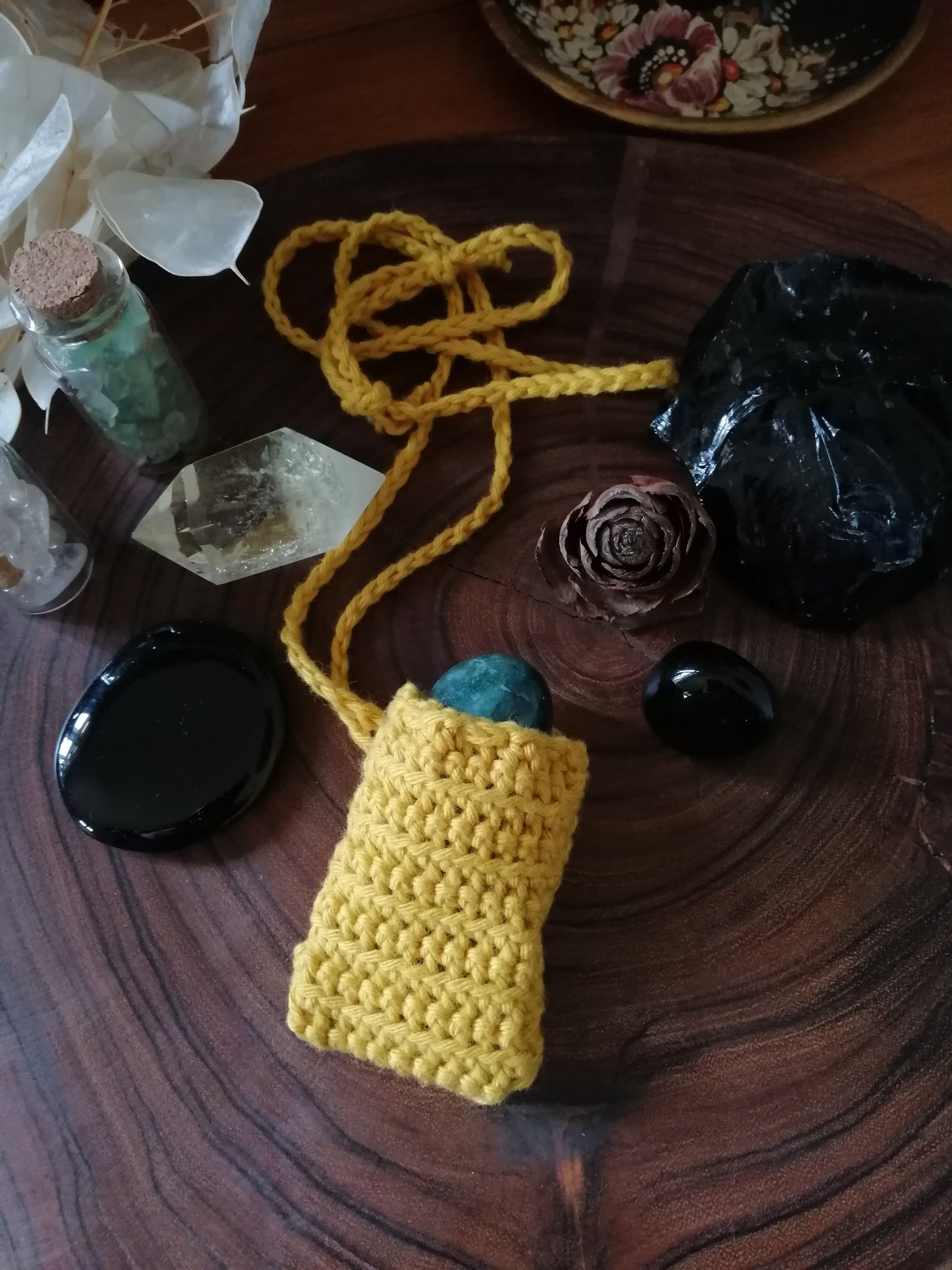 Mustard Crocheted Crystal/Amulet Pouch Necklace