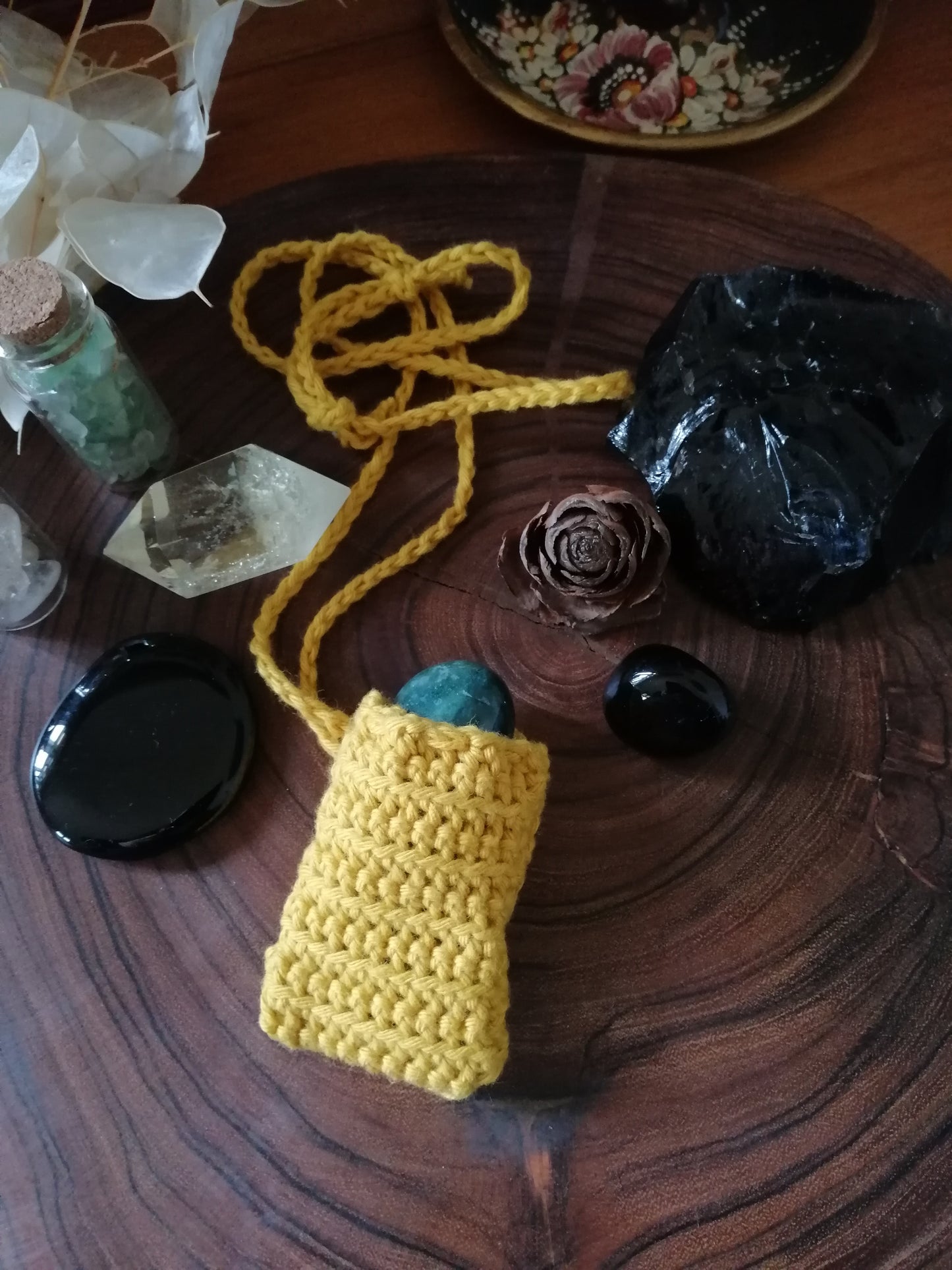 Mustard Crocheted Crystal/Amulet Pouch Necklace