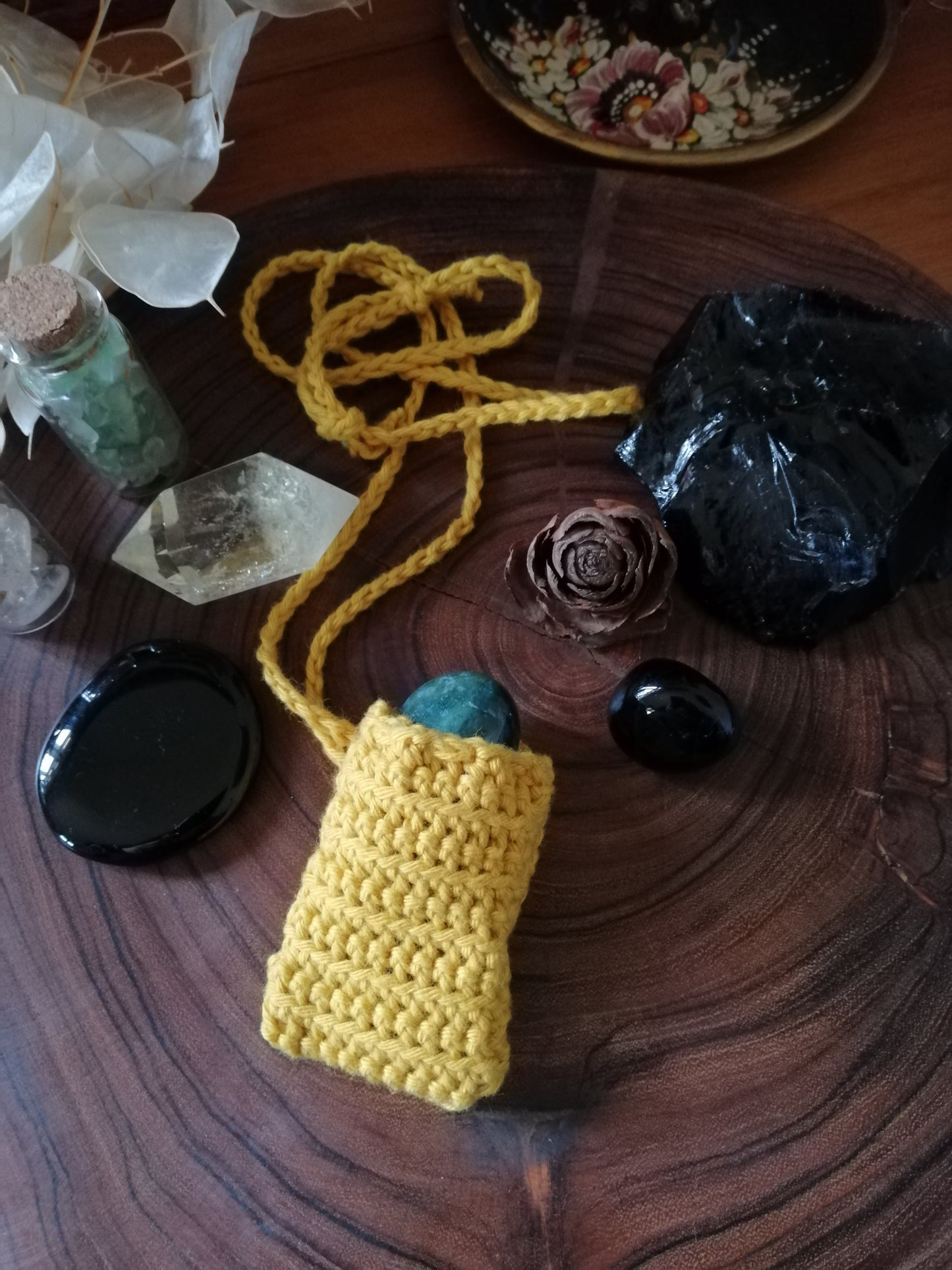 Mustard Crocheted Crystal/Amulet Pouch Necklace