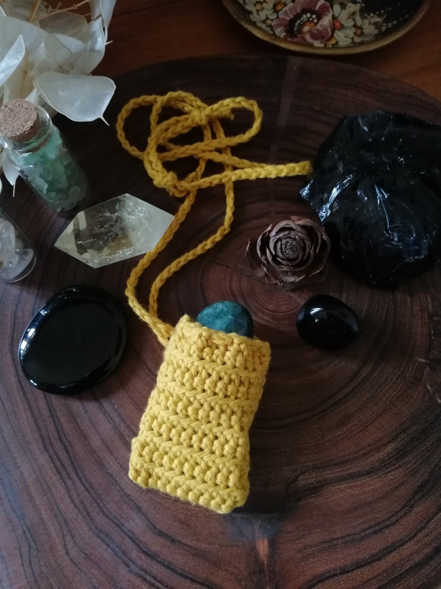 Mustard Crocheted Crystal/Amulet Pouch Necklace