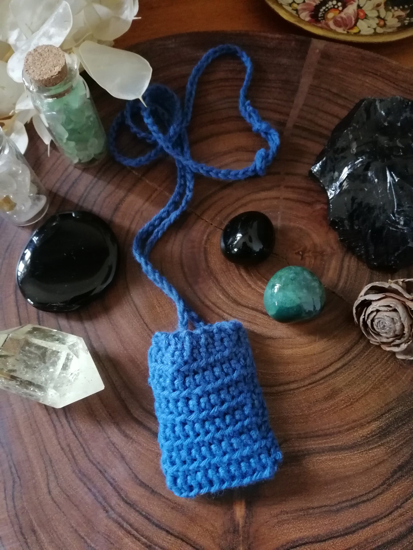 Navy Crocheted Crystal/Amulet Pouch Necklace