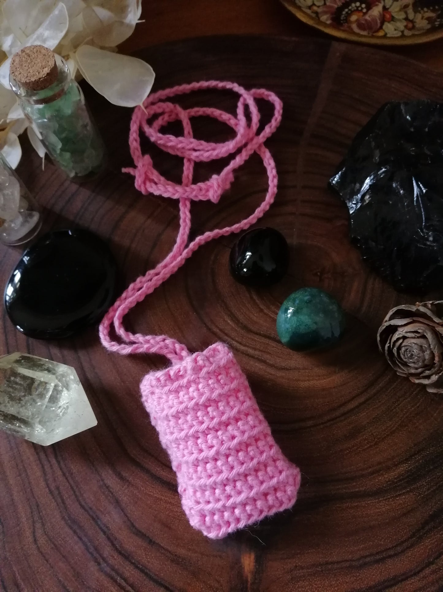 Pink Crocheted Crystal/Amulet Pouch Necklace
