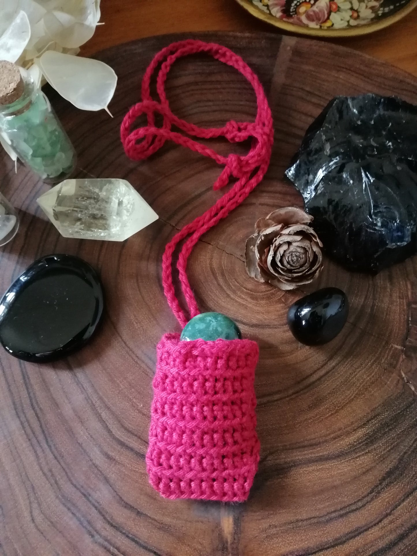 Red Crocheted Crystal/Amulet Pouch Necklace