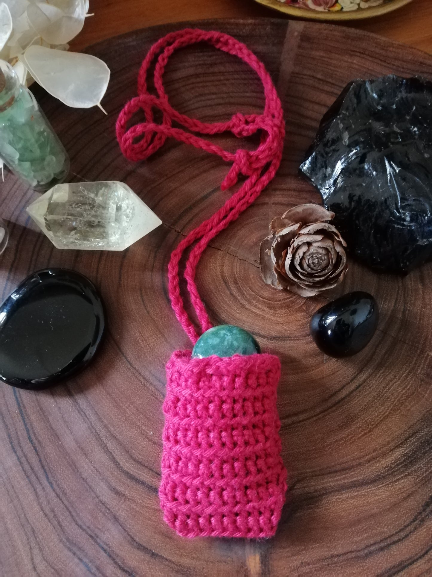 Red Crocheted Crystal/Amulet Pouch Necklace