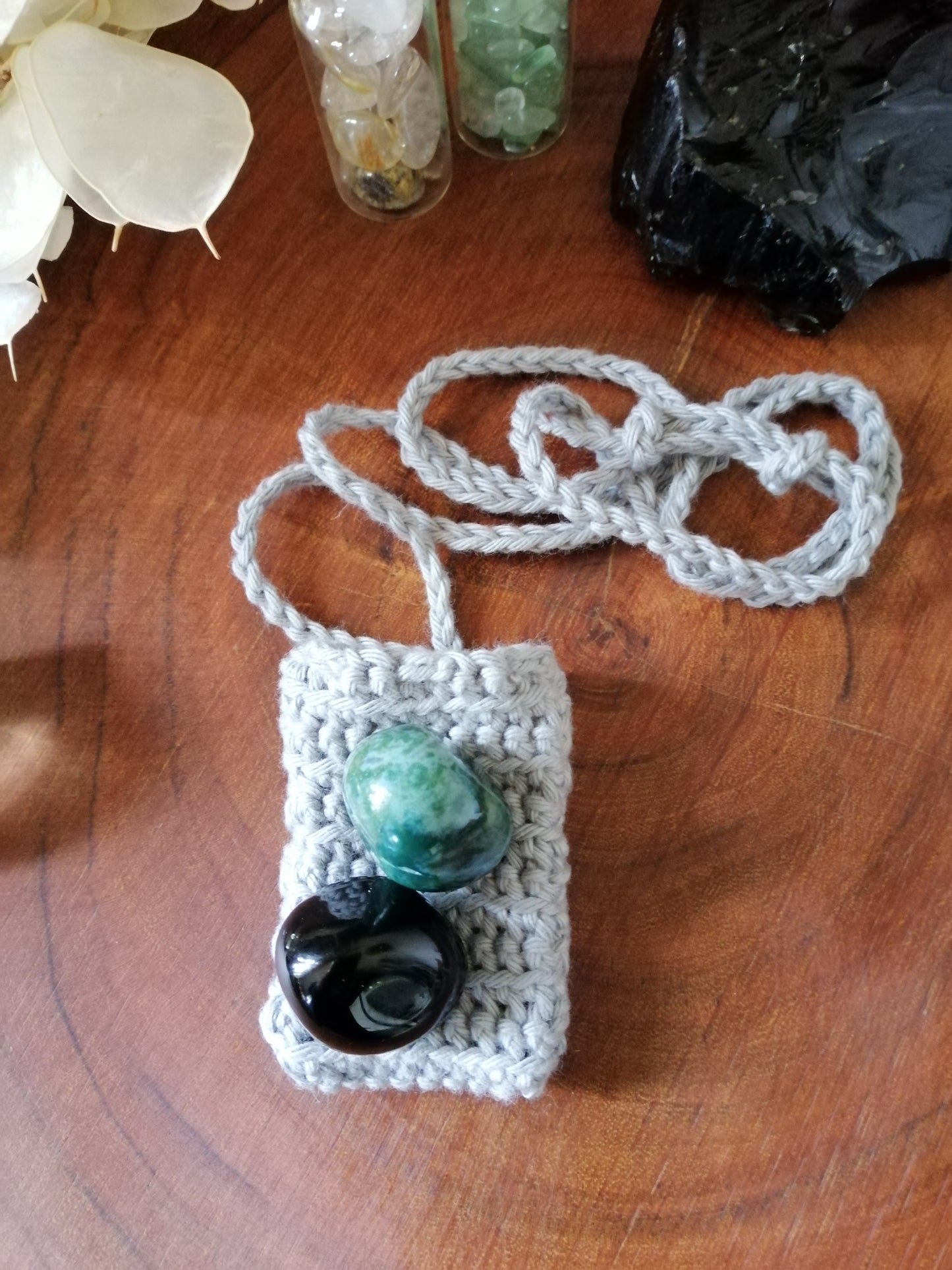Silver Grey Crocheted Crystal/Amulet Pouch Necklace