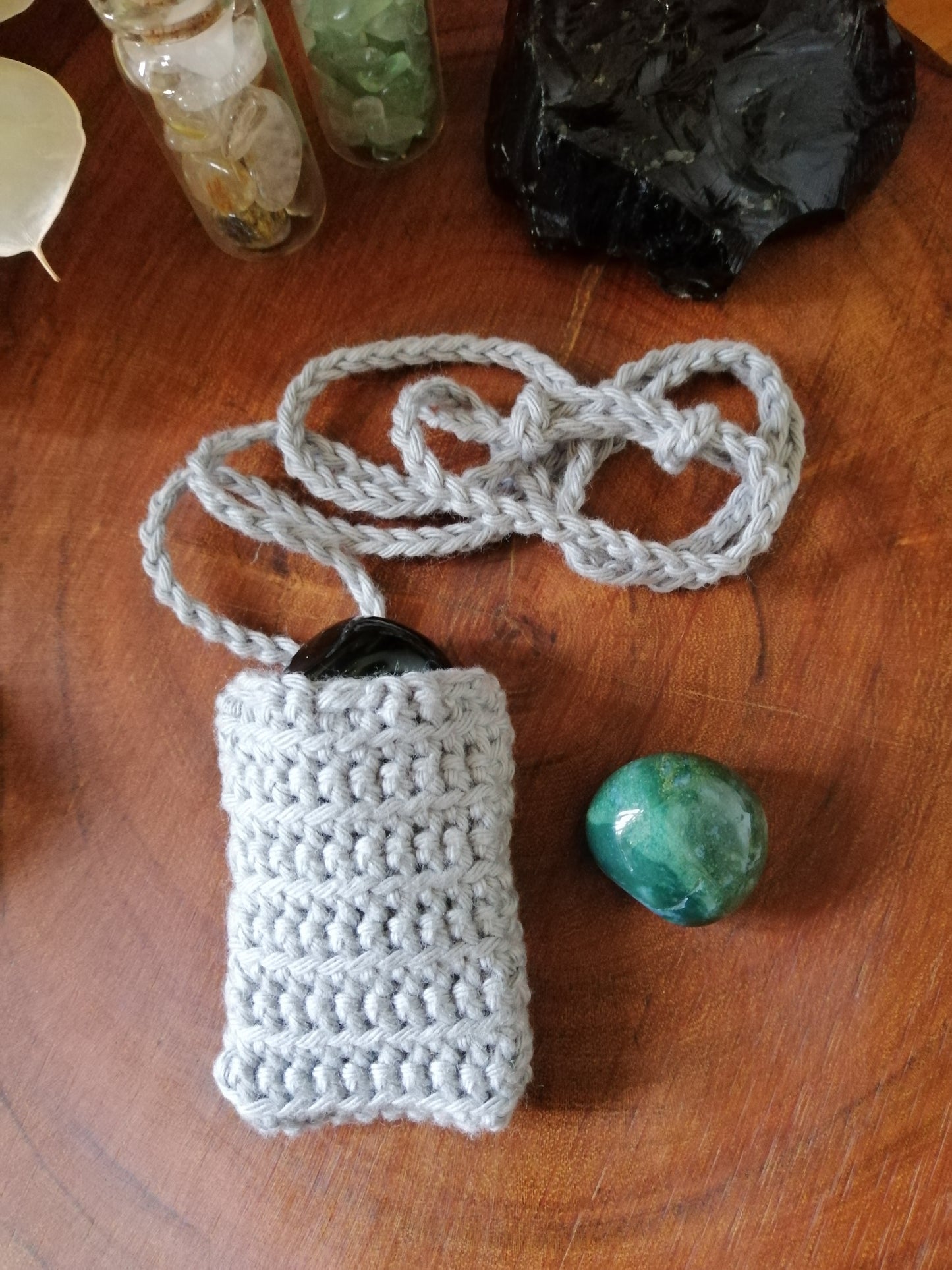 Silver Grey Crocheted Crystal/Amulet Pouch Necklace