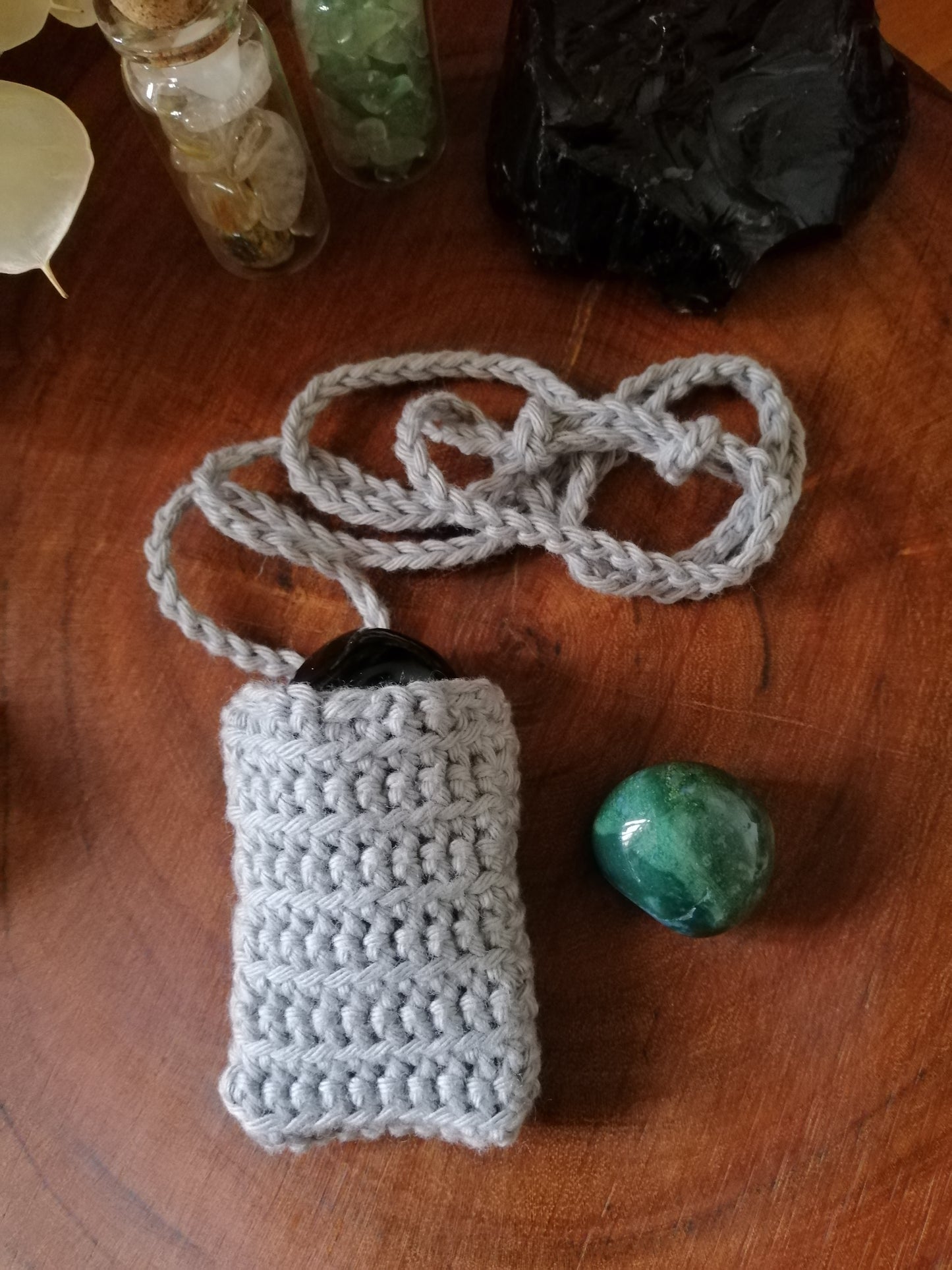 Silver Grey Crocheted Crystal/Amulet Pouch Necklace