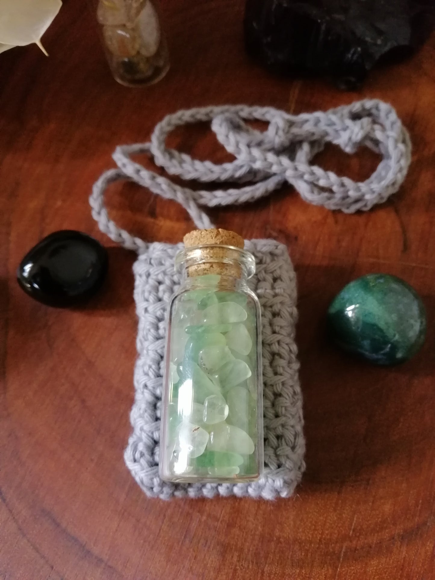 Silver Grey Crocheted Crystal/Amulet Pouch Necklace