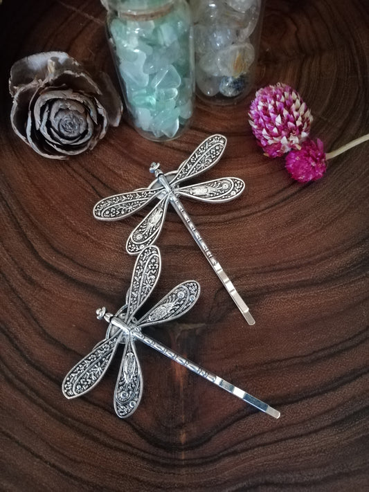 Antique Silver Plated Set of 2 Dragonfly Bobby Pins