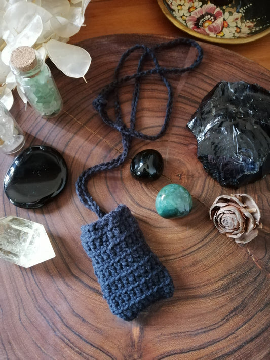 Black Crocheted Crystal/Amulet Pouch Necklace