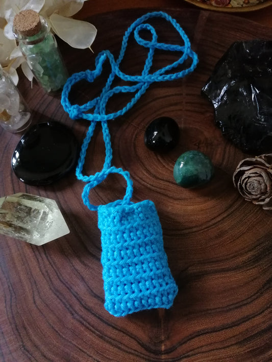 Blue Crocheted Crystal/Amulet Pouch Necklace