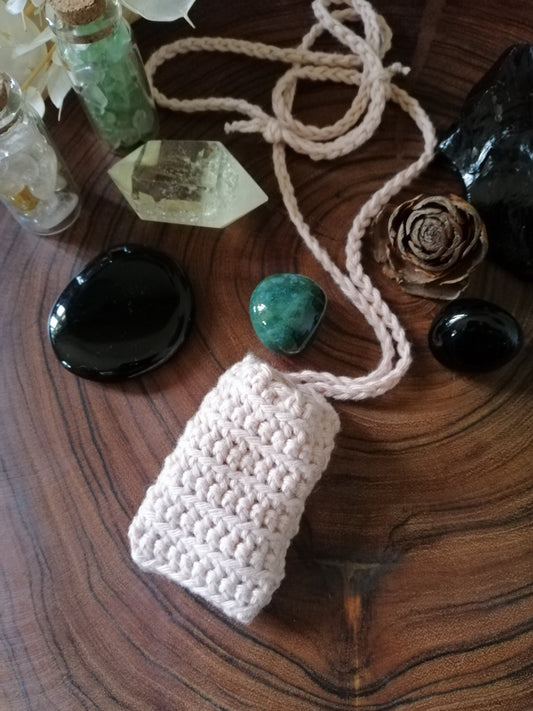 Blush Pink Crocheted Crystal/Amulet Pouch Necklace