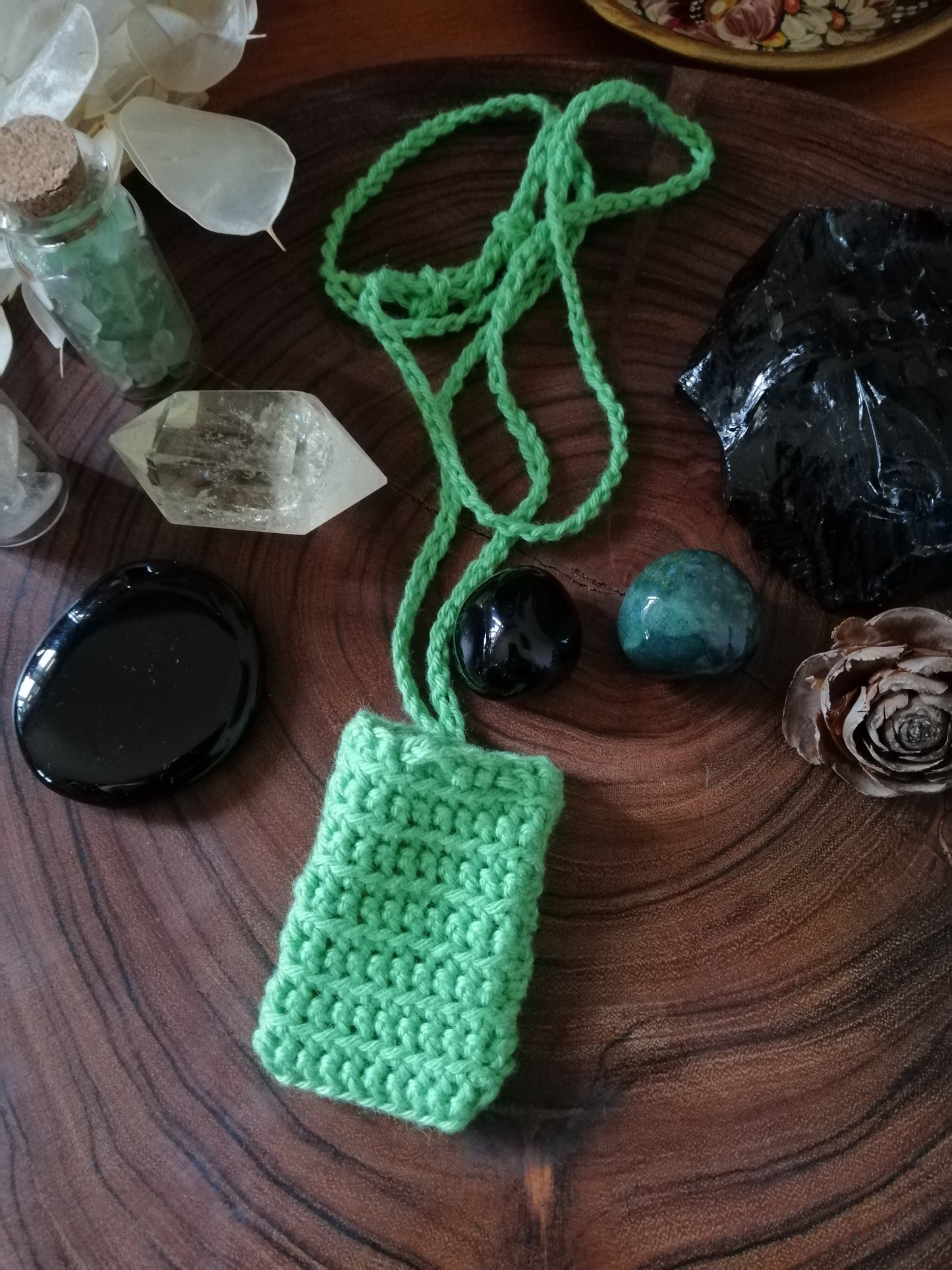 Green Crocheted Crystal/Amulet Pouch Necklace