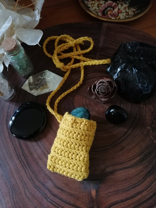 Mustard Crocheted Crystal/Amulet Pouch Necklace