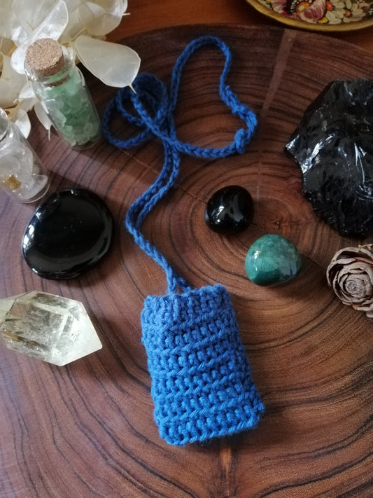 Navy Crocheted Crystal/Amulet Pouch Necklace