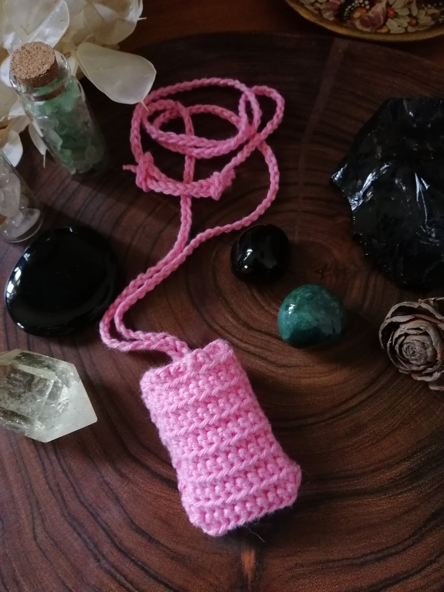 Pink Crocheted Crystal/Amulet Pouch Necklace