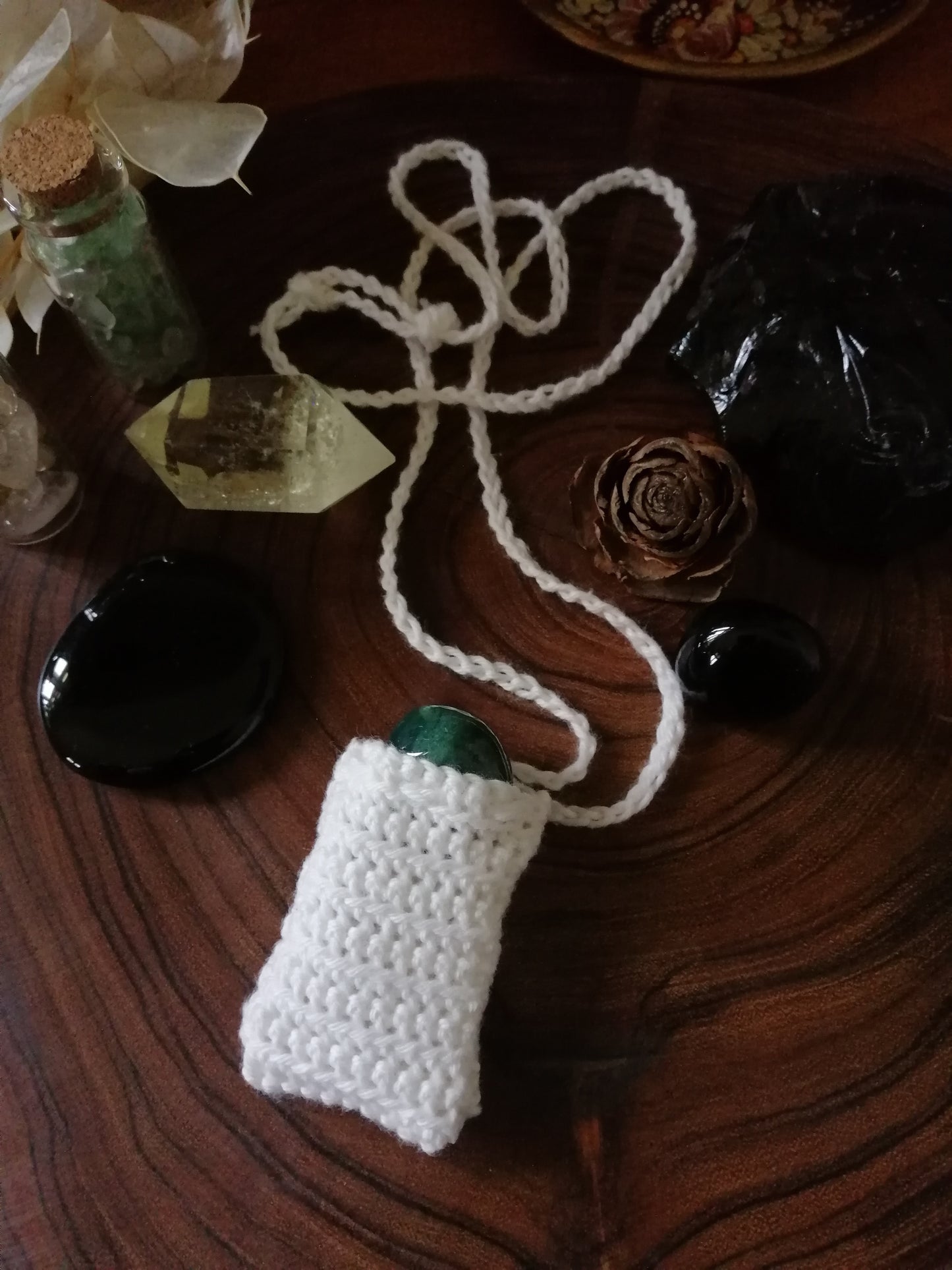 White Crocheted Crystal/Amulet Pouch Necklace