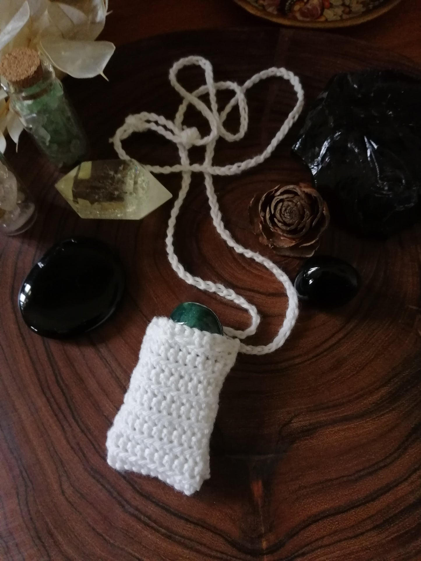White Crocheted Crystal/Amulet Pouch Necklace