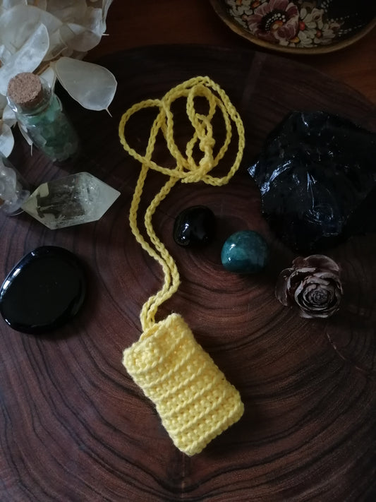 Yellow Crocheted Crystal/Amulet Pouch Necklace